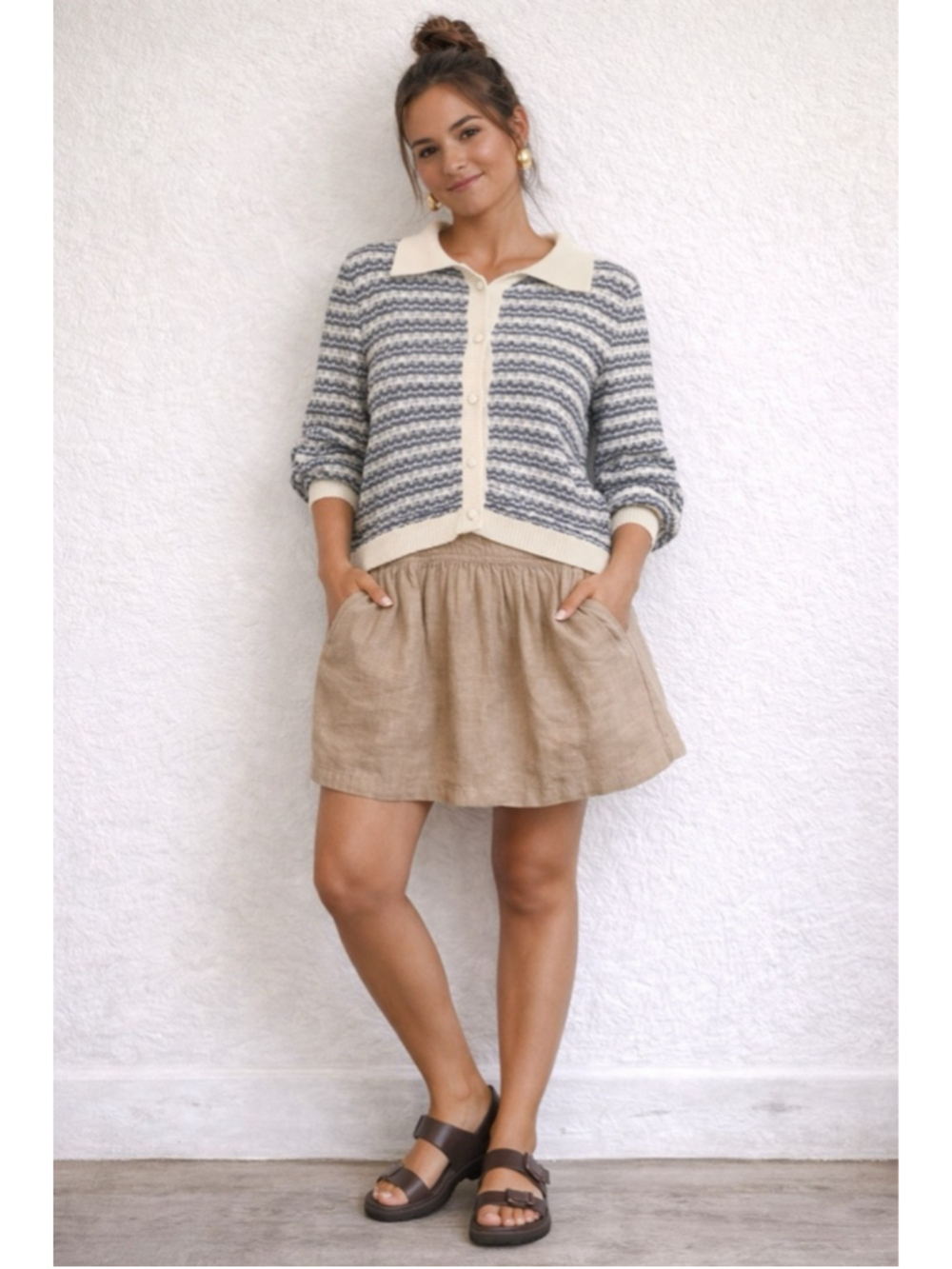 Truth By Republic Tweed Cardigan Sweater Collared Blue White Black Ivory M